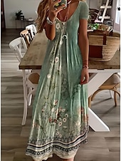 abordables Robes Boho-Femmes Robe Midi Robe d&#039;Été Robe trapèze Vacances Occasionnel Boho Sortir Plage Coupe Standard Fleuri Graphique Manche Courte Col en V Gris vert Blanche Vert Claire Rouge Été Printemps