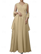 economico Abiti da sposa-Linea ad A Abiti per invitati a matrimoni Elegante Vestito Ospite di nozze Fidanzamento Lunghezza al pavimento Senza Maniche Scollo a V Chiffon con Applicazioni Scialle 2025