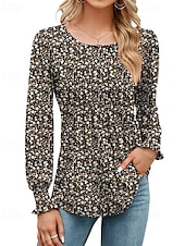 billige Blomster t-skjorte-Dame Bluse Blomsternål i krystall Moderne Fritid Langermet Crew-hals Vanlige topper Daglig Ferie Trykt mønster Svart Gul Militærgrønn Høst