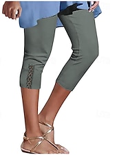 cheap Plain Leggings-Women&#039;s Capri Pants Leggings Fashion Casual Calf-Length Mid Waist Plain Elastic Waist Comfy Breathability Stretchy Vacation Street Daily Wear Light Yellow Wine Dark Brown Black Spring Fall Regular Fit