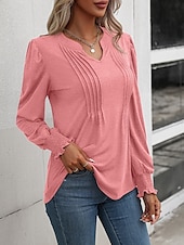 abordables Hauts Unis pour Femmes-Femmes Chemisier Couleur Unie Élégant Occasionnel manche longue Col en V Hauts Réguliers Quotidien Froncé Noir Rose Claire Fuchsia Vert Été Printemps
