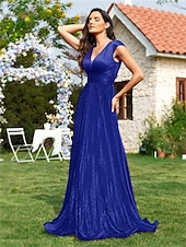 abordables BLEU-Robe A-Line Quinceanera Élégante Robe Formal Mariage Longueur Totale Sans Manches Décolleté en V Polyester avec Plis Sequin