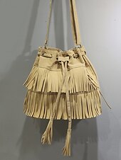 tanie Torby na ramię-damska torebka typu wiaderko ze sztucznego zamszu z frędzlami – boho torebka typu crossbody ze ściągaczem na niezobowiązujące wyjścia, festiwale i codzienne noszenie