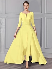 voordelige Mama&amp;#39;s jumpsuits-Twee-delige Jumpsuit  Pantalon Moeder van de Bruid Formeel Bruiloft Gast Elegante Afneembare V-Hals Vloerlengte Satijn 3/4 Lengte Mouw Met Riem  Ribbon 2025 gratis maatwerk