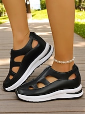 abordables Sandalias Deportivas-Sandalias deportivas blancas para mujer con diseño recortado, zapatos ligeros con cremallera para caminatas cómodas, viajes activos y recados diarios.
