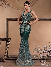 voordelige GROEN-Zeemeermin  Trompet Quinceanera Jurken Elegante Jurk Formele Bruiloft Vloerlange Mouwloos V-hals Sequined Rugloos met Sequins