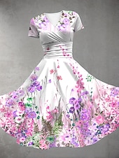 halpa Kukkaiset mekot-Naisten Midimekko Kesämekko Fit And Flare Mekko Juhla Vapaa-aika Päivittäin Pyhäpäivä Normaali Kukka Kuvitettu Lyhythihainen V kaula-aukko Keltainen Rubiini Sininen Purppura Kesä