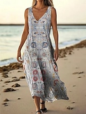 cheap Print Floral Dresses-Women&#039;s Long Dress Maxi Dress Casual Dress Tank Dress Summer Dress African Daily Holiday Beach Regular Fit Floral Sleeveless V Neck Wine Burgundy Navy Blue Blue Summer