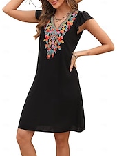 cheap Boho Dress-Women&#039;s Mini Dress Casual Dress Fashion Modern Elegant Dress Cap Sleeve Wedding Daily Date Regular Fit Floral Embroidery Sleeveless V Neck Black White Orange Summer