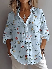 ieftine Topuri florale-Pentru femei Cămașă Floral Grafic Frunze Zilnic Stilat Casual Manșon Lung Guler Cămașă Topuri obișnuite Zilnic Concediu Nasturi Imprimeu Alb Albastru piscină Trifoi Vară Primăvară