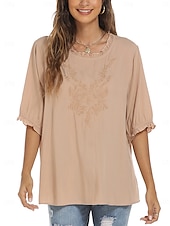 preiswerte Damen Einfache Oberteile-Damen Hemd Einfarbig Blumen Lässig Boho Dreiviertelarm Ellbogenärmel Rundhalsausschnitt Normale Oberteile Täglich Ausgehen Rüsche Bestickt Schwarz Weiß Rote Khaki Sommer
