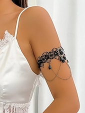 billige Halloween-tilbehør-Armbånd i gotisk blonde til dame med anheng og kjeder i svart edelsten, armbånd i vintage steampunk-stil til Halloween-kostymefest eller cosplay-tilbehør