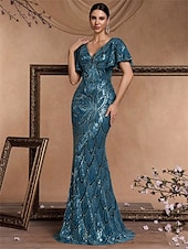 cheap BLUE-Mermaid / Trumpet Quinceanera Dresses Elegant Dress Formal Wedding Floor Length Short Sleeve V Neck Polyester V Back with Sequin 2025