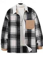 baratos Casacos &amp; Sobretudos para Homem-Homens jaqueta leve Jaqueta de Camisa Jaqueta casual Cabana Férias Diário Respirável Bolsos Primavera Outono Xadrez Moda Clássico Lapela Padrão Preto cáqui Casaco