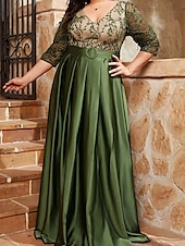 economico VERDE-Abito da sera A-Line elegante abito formale da matrimonio lungo fino al pavimento maniche a 3/4 scollo a V satinato schiena a V con pieghe