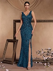 abordables Champagne-Robe de quinzième anniversaire sirène  trompette élégante robe formelle invitée de mariage longueur sol sans manches décolleté en V sequins dos en V avec fente en sequins
