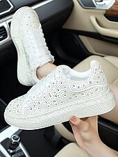 baratos Ténis de mulher-Tênis plataforma feminino branco com strass - sapatos de festa brilhantes com cadarço e detalhes em cristal para a vida noturna e para baladas