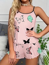 billige Søvnoverdeler og -nederdeler for kvinner-Dame Pyjamas Sett Fritid Komfort Sommerfugl Elastisk midje Stropp Topp Shorts Hjem Daglig Langermet stropper Rosa Blå Beige Sommer Normal