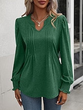 abordables Hauts Unis pour Femmes-Femmes Chemisier Couleur Unie Élégant Occasionnel manche longue Col en V Hauts Réguliers Quotidien Froncé Noir Rose Claire Fuchsia Vert Été Printemps