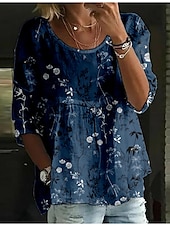 billige Blomstrete topper-Dame Bluse Blomstret Stilfull 3/4 ermer Crew-hals Vanlige topper Daglig Ferie Trykt mønster Hvit Navyblå Blå Himmelblå Kakifarget Sommer