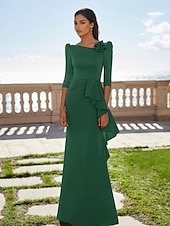 preiswerte ROT-rot-grünes A-Linien-Abendkleid, elegantes Kleid für formelle Hochzeitsgäste, bodenlang, 3/4-Ärmel, U-Boot-Ausschnitt, Tasche, Stretch-Satin mit Rüschen, 2025