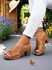 abordables Sandalias Informales-Sandalias de tacón grueso con tiras cruzadas para mujer: sandalias estilo mule vintage de verano para fiestas en el jardín, vacaciones y eventos diurnos.