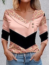 billige Stripe og geometrisk t-skjorte-Dame T skjorte Grafisk Geometrisk Årgang Stilfull Grunnleggende Langermet Asymmetrisk hals Vanlige topper Daglig Ut på byen Helg Knapper Rosa Blå Lilla Grønn Sommer Vår