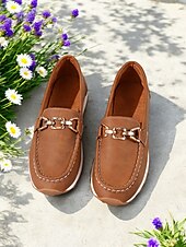 cheap Women&#039;s Slip-Ons &amp; Loafers-Women&#039;s Loafers with Gold Buckle – Casual Slip-On Flat Shoes for Garden Walks, Brunch &amp; Everyday Errands