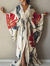 levne Boho šaty-Dámské dlouhé šaty maxi šaty boho šaty ležérní šaty swingové šaty prázdninové šaty módní moderní denní prázdninové plážové šaty regular střih květinový vzor s dlouhým rukávem výstřih do V vínově červená tmavě modrá královská modrá léto jaro