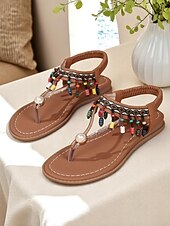 billige Ferietøfler-Damesandaler med bohemsk perlemønster og t-stropper i fargerikt materiale, flate sandaler med string for strandferier, sommerfestivaler og uformelle antrekk.