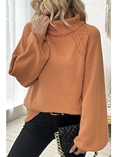 billiga Solida färger-Dam Tröja Elegant Ledigt Mjukt Ren färg Ribbad Polokrage Stickat Långärmad Vanliga toppar Sticka Utomhus Dagligen Helgen Orange Höst Vinter