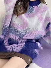 cheap Solid Colors-Women&#039;s Sweater Pullover Fashion Tie Dye Ribbed Crew Neck Knitted Long Sleeve Regular Tops Knit Holiday Going out Weekend Purple Coffee Fall