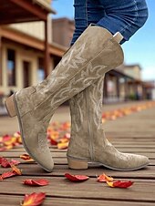 olcso Cowboy és nyugati csizma-női western velúr térdig érő cowboy csizma – hímzett, barna, hegyes orrú, középsarkú lovaglócsizma country koncertekre, őszi szettekre és szabadtéri rendezvényekre