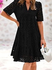 abordables Robes en dentelle blanche-Femmes Mini Robe Robe Décontractée robe ajourée Classique Moderne Extérieur Vacances Fête Coupe régulière Uni Manche Courte Col en V Noir Blanche Bleu de minuit Été