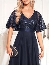 economico BLU-Abiti A-Line Quinceanera Abito Elegante Cerimonia Matrimonio Lunghezza Completa Maniche Corte V Collo Poliestere con Pieghe