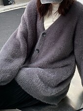 abordables Cardigans et vêtements d&#039;extérieur-Femmes Pull Cardigan Mode Couleur Unie Côtelé Col en V Tricoté manche longue Hauts Réguliers Tricoter Fête Sortir Week-end Noir Gris foncé Hiver