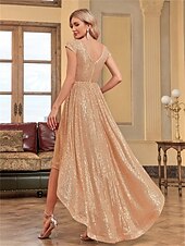 cheap CHAMPAGNE-A-Line Quinceanera Dresses Elegant Dress Formal Wedding Asymmetrical Short Sleeve V Neck Polyester V Back with Sequin