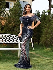 ieftine albastru-Trompetă / Sirenă Rochii de Quinceanera Elegant Rochie Oficial Nuntă Lungime Podea Manșon scurt De Pe Umăr Polyester Fără Spate cu Paiete Volane 2025