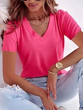 abordables T-shirt uni-Femmes T-shirt Couleur Unie Mode Élégant Classique Manche Courte Col en V Hauts Réguliers Quotidien Week-end Noir Vin Rouge Bleu Fuchsia Été