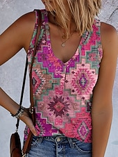 abordables Débardeur Boho-Femmes Débardeur caraco Graphique Géométrique ancien Élégant Ethnique Sans manches Col en V Hauts Réguliers Quotidien Imprimé Bleu Violet Marron Vert Été Printemps