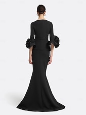 cheap BLACK-Black Mermaid / Trumpet Evening Gown Elegant Dress Formal Floor Length Long Sleeve V Neck Stretch Crepe with Ruched