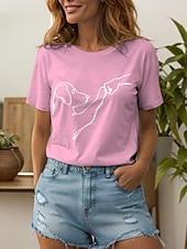 abordables T-shirt Animaux-Femmes T-shirt Graphique Animal Chien ancien Élégant Classique Manche Courte Col ras du cou Col rond Hauts Réguliers Quotidien Week-end Imprimé Noir et blanc Blanc / Noir Blanche Rose Claire Rouge
