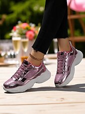 baratos Festa da Vida Noturna-Tênis plataforma chunky com glitter feminino e acabamento metálico, calçados de festa com cadarço da moda para vida noturna e balada