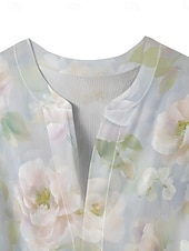 billige Blomstrete topper-Dame Bluse Blomstret Stilfull Moderne 3/4 ermer V-hals Vanlige topper Daglig Ferie Drapering Trykt mønster Lysegrønn Blå Grønn Grå Lyseblå Sommer
