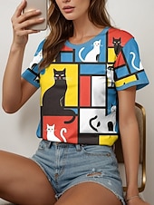 Pentru femei Tricou Grafic Geometric Pisica Epocă Stilat Clasic Manșon scurt Stil Nautic Rotund Topuri obișnuite Zilnic Sfârșit de săptămână Imprimeu Galben Roșu-aprins Albastru piscină Vară Primăvară ieftine Tricou cu animale-Pentru femei Tricou Grafic Geometric Pisica Epocă Stilat Clasic Manșon scurt Stil Nautic Rotund Topuri obișnuite Zilnic Sfârșit de săptămână Imprimeu Galben Roșu-aprins Albastru piscină Vară Primăvară