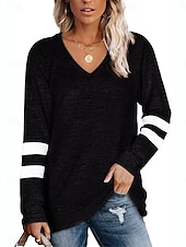 billiga Randig och geometrisk t-shirt-Dam T-shirt Randig Mode Stylish Modern Långärmad V-hals Vanliga toppar Dagligen Helgen Mönster Svart Blå Grön Kaki Sommar