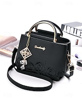 cheap Handbag &amp; Totes-Women&#039;s Embroidered Rose Tote Bag with Gold Top Handle and Shoulder Strap - Elegant Faux Leather Crossbody Bag for Commuter, Leisure and Weekend Outings
