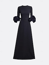 economico BLU-Abito da sera nero a trapezio, elegante, formale, da sposa, lungo fino al pavimento, manica lunga, scollo rotondo, in crêpe elasticizzata con pieghe, 2025