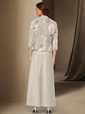 preiswerte Mit Jacke-A-Linie 3-teiliges Mutter der Braut Kleid Elegant Einfach Leger Boot-Ausschnitt Knöchellang Chiffon Langarm mit Spitze