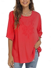 preiswerte Damen Einfache Oberteile-Damen Hemd Einfarbig Blumen Lässig Boho Dreiviertelarm Ellbogenärmel Rundhalsausschnitt Normale Oberteile Täglich Ausgehen Rüsche Bestickt Schwarz Weiß Rote Khaki Sommer